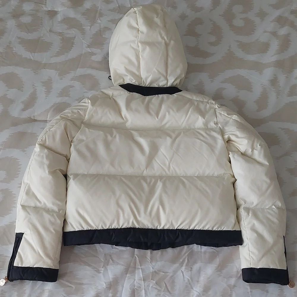 Moncler White/Black Down Puffer Cropped Jacket with Removable Hoodie - Picture 2 of 16